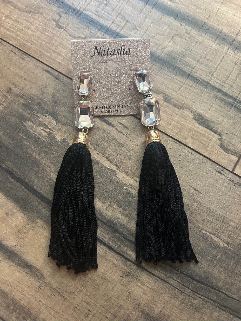 Natasha Couture Black Tassel Earrings with Crystal Drops and Gold Caps